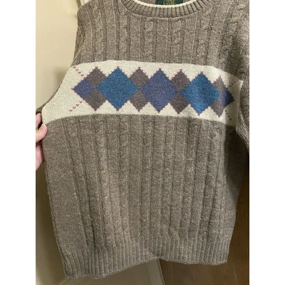 Vintage Country Squire By Jantzen Light Brown Wool Sweater Blue Argyle Print M